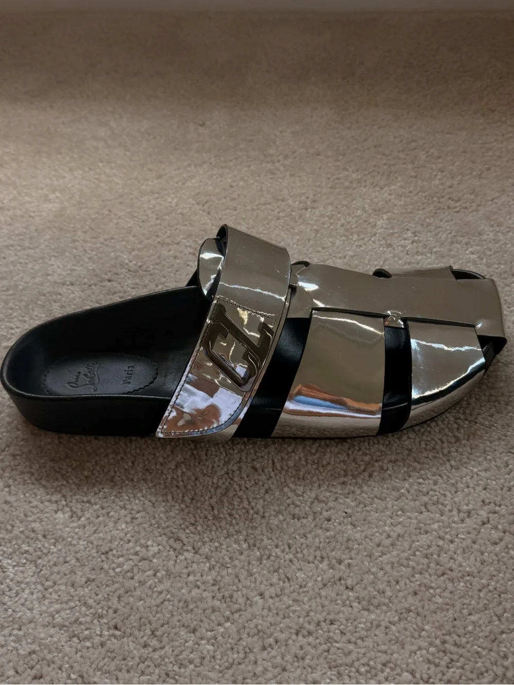 Christian Louboutin Silver Leather Slide Sandals with Red Toe Accent